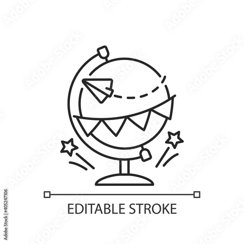 Going away party linear icon. International tourism. Immigration to foreign country. Thin line customizable illustration. Contour symbol. Vector isolated outline drawing. Editable stroke