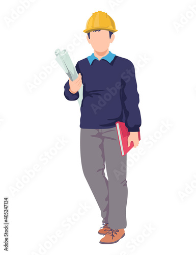 Young male professional engineer worker hold blueprint and book, man wear protect helmet cartoon vector illustration, isolated on white. Concept constructor employee, highly skilled specialist.