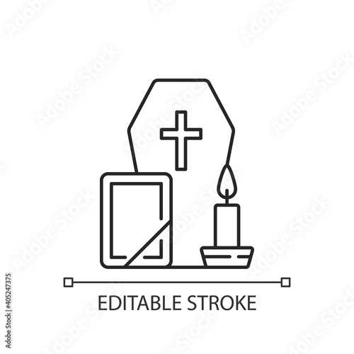 Funeral linear icon. Coffin for dead relative. Religious ritual. Sadness and grief from death. Thin line customizable illustration. Contour symbol. Vector isolated outline drawing. Editable stroke