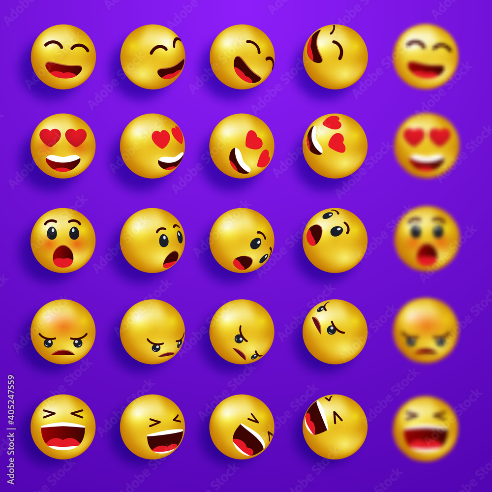 Smile faces happy emoticons. Yellow 3d emoji set. Smiley face icons with different expressions. Cartoon characters smile and sad faces Smile faces happy emoticons. Yellow 3d emoji set. Smiley face icons with different expressions. Cartoon characters smile and sad faces