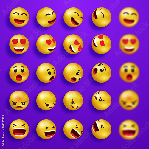 Smile faces happy emoticons. Yellow 3d emoji set. Smiley face icons with different expressions. Cartoon characters smile and sad faces