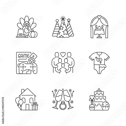 Party linear icons set. Thanksgiving tradition. Birthday cone hats. Wedding reception. Game night. Customizable thin line contour symbols. Isolated vector outline illustrations. Editable stroke