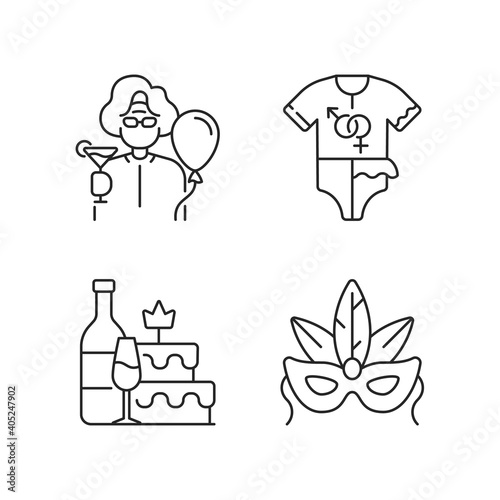 Family party greeting linear icons set. Retirement celebration. Baby gender reveal. Festival costume. Customizable thin line contour symbols. Isolated vector outline illustrations. Editable stroke