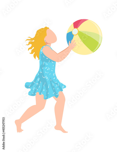 Teenager cheerful girl kid play with beach ball, tropical cheerfully spend time, children wear swimming suit cartoon vector illustration, isolated on white. Concept modern sport beachfront game.