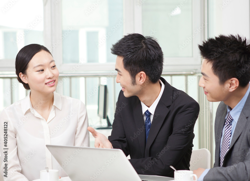 Group of businesspeople discussing working on computer