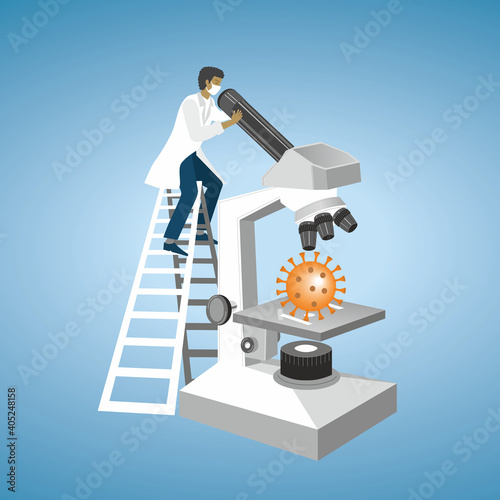 Man observing Corona virus in microscope. Vector illustration. EPS10.