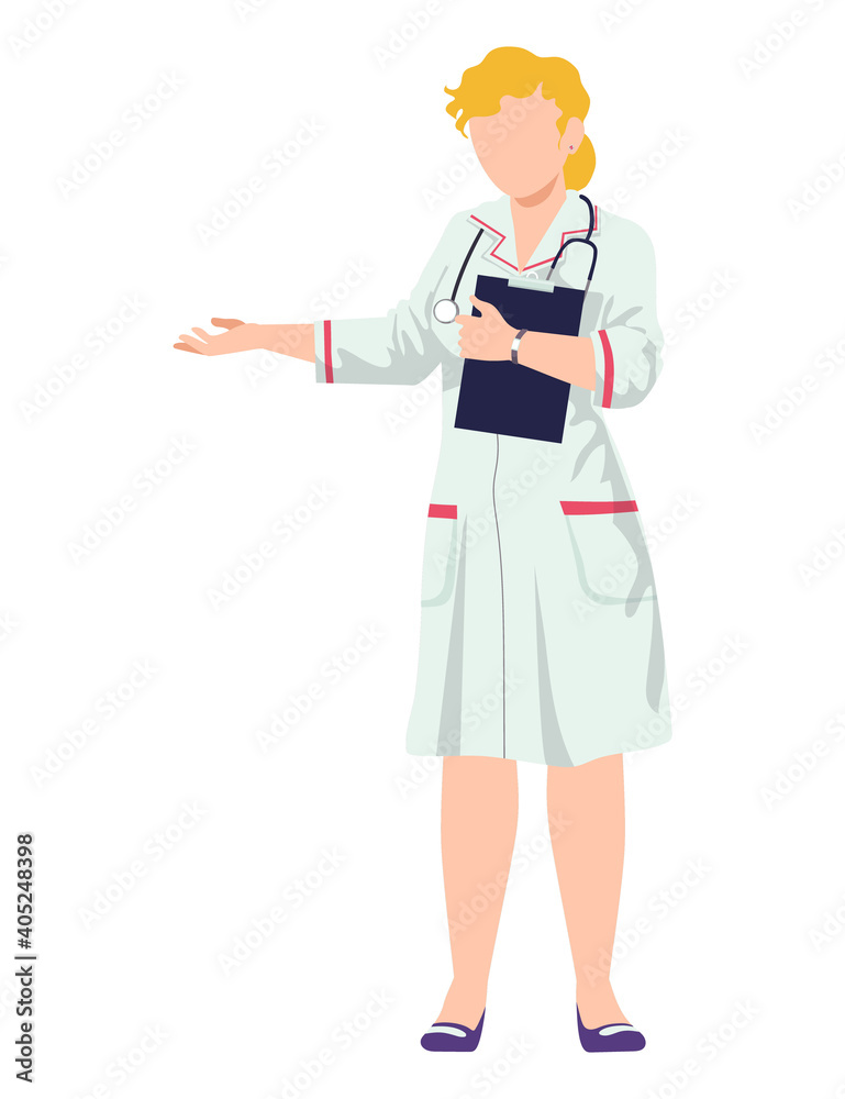 Young female professional doctor and stethoscope, woman wear medical gown cartoon vector illustration, isolated on white. Concept hospital employee, highly skilled therapist specialist.