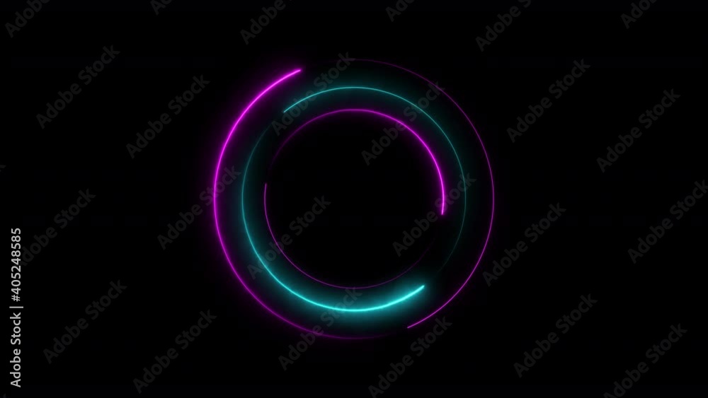 Colorful of pink and blue concentric circle line neon blaze glow round animation loop on a black background. 