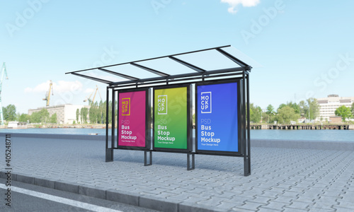 Fototapeta Naklejka Na Ścianę i Meble -  Bus stop bus shelter Three signs mockup 3d rendering
