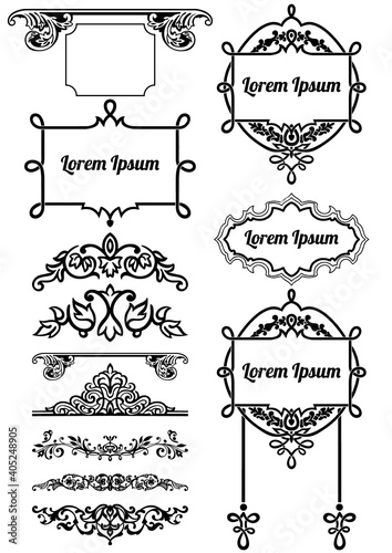 Set of 12 vector ornate carabian oriental style vintage simple line frames, ornaments, vignettes, borders, dividers in black and white colors for custom print and design.