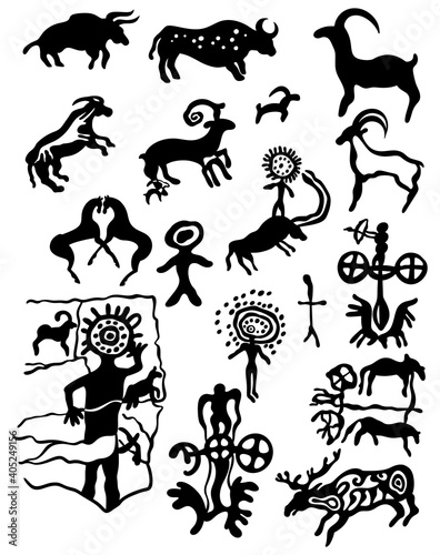 Set of vector illustrations of ancient prehistorical kaazkh Tamgaly petroglyphs, cave drawings and tribal carvings on the stones, made by ancient people. © NATALYA