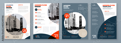 Flyer Design Set. Modern Flyer Background with Orange and Grey Accents. Template Layout for Flyer. Concept with Dynamic Circle Shapes. Vector Background.