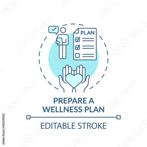 Wellness plan preparation concept icon. Workplace wellbeing idea thin line illustration. Physical, professional and intellectual health. Vector isolated outline RGB color drawing. Editable stroke