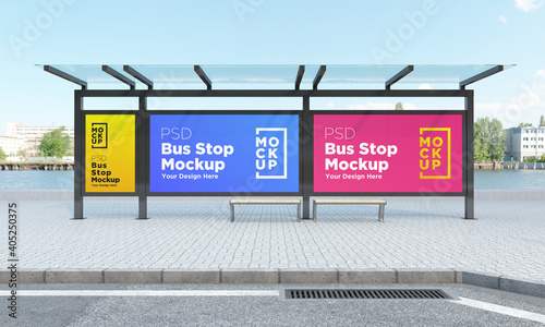 Bus stop bus shelter three signs mockup Sign Board Billboard Mockup Roadside Signage for Advertisement outdoor advertising