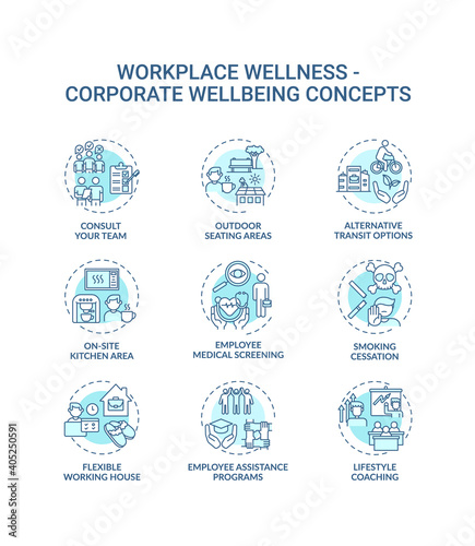 Workplace wellness concept icons set. Corporate wellbeing idea thin line RGB color illustrations. Flexible working from home. Smoking cessation. Vector isolated outline drawings. Editable stroke