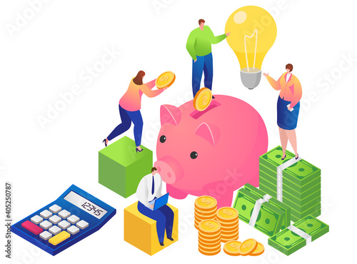 People together cash management, character male female hold coin dollar, banking business isometric 3d vector illustration, isolated on white. Concept financial services sector, accumulation money.