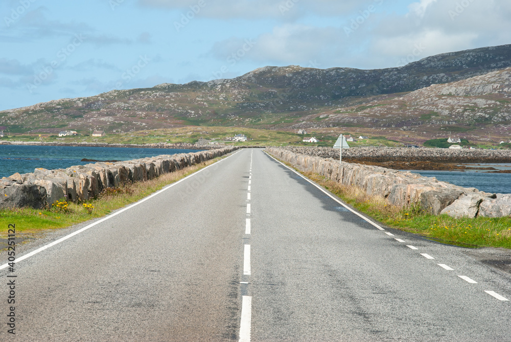 The causeway connecting Eriskay and South Uist islands, Outer Hebrides, Scotland, UK The causeway connecting Eriskay and South Uist islands, Outer Hebrides, Scotland, UK