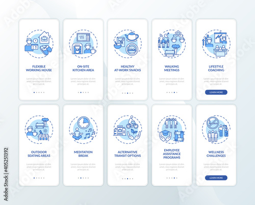 Workspace wellness onboarding mobile app page screen with concepts set. Lifestyle coaching, meditation breaks walkthrough 5 steps graphic instructions. UI vector template with RGB color illustrations