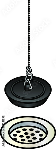 A sink drain with accompanying rubber stopper on a chain.