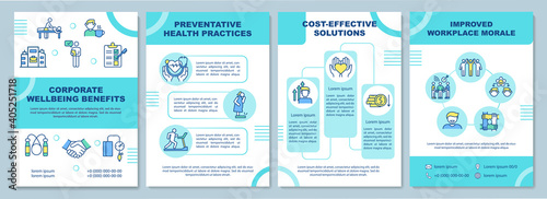 Corporate wellbeing benefits brochure template. Health practices. Flyer, booklet, leaflet print, cover design with linear icons. Vector layouts for magazines, annual reports, advertising posters