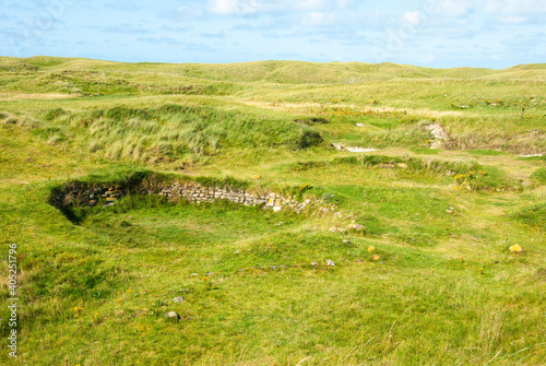 Remains of roundhouses at Cladh Hallan, the only place in Great Britain where prehistoric mummies have been found, South Uist island, Outer Hebrides, Scotland