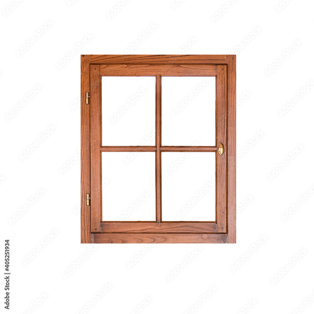 Wooden casement window with brass handle isolated on white background Wooden casement window with brass handle isolated on white background