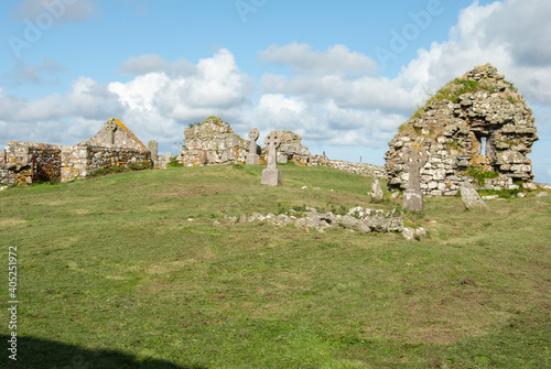 The remains of the ruined early 13th-century Howmore monastery on the island of South Uist to the southwest of Loch Druidibeg,  Outer Hebrides, Scotland