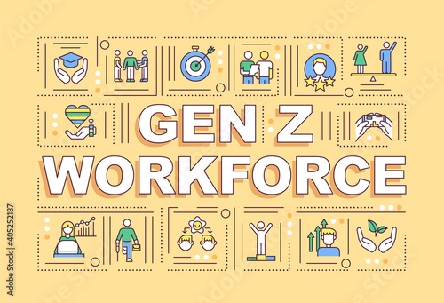 Gen z workforce concepts banner. Wellness and physical health in corporation. Infographics with linear icons on blue background. Isolated typography. Vector outline RGB color illustration