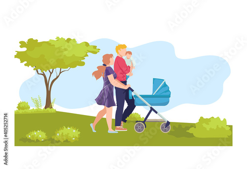 Young modern family walk baby carriage, ecology natural outdoor stroll, character hold newborn flat vector illustration, isolated on white. People male female together hike, clean environment.