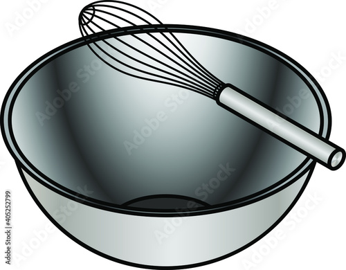 A stainless steel mixing bowl with a balloon whisk.