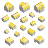 Set with gray houses and yellow roofs. Suitable as icons, elements for infographics, website design, advertising and projects in the field of architecture, construction.