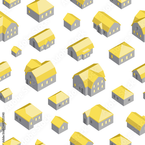 Seamless pattern with grey houses and yellow roofs. Suitable as icons, elements for infographics, website design, advertising and projects in the field of architecture, construction.