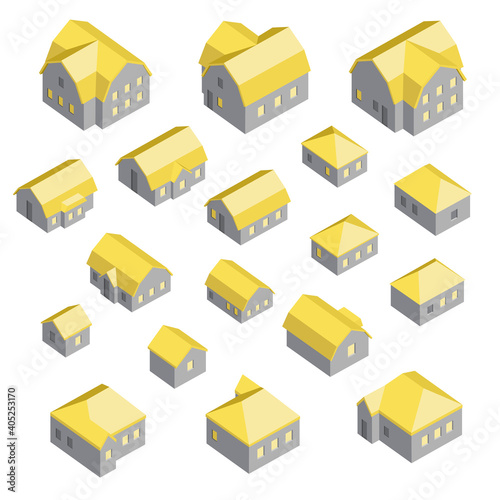 Set with gray houses and yellow roofs. Suitable as icons, elements for infographics, website design, advertising and projects in the field of architecture, construction.