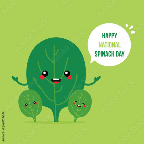 Happy National Spinach Day vector card, illustration with cute cartoon style spinach characters.