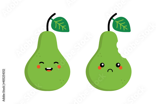 Cute cartoon style green pear characters, happy smiling and sad with bite mark.
