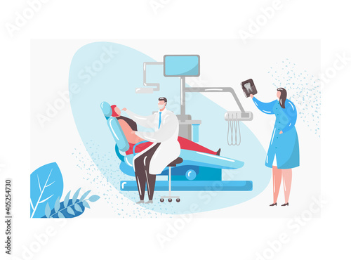 Doctor dentist character perform dental inspection examination tooth, male physician and female nurse flat vector illustration, isolated on white. Concept medical examination room, modern equipment.