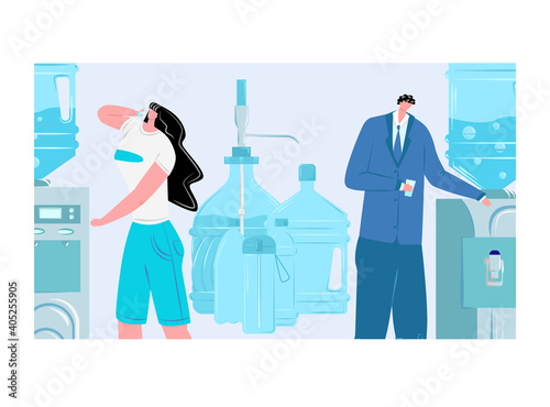Male drink clear organic fresh drinking water, woman character hold paper cup, quench thirst flat vector illustration, isolated on white. Concept aquatic purification, water treatment plant.