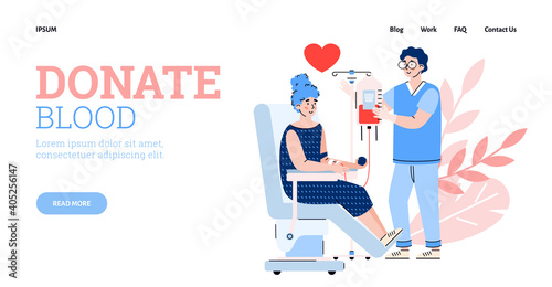 Website banner template including claim to donate blood and scene of volunteering blood transfusion for medical purpose, flat cartoon vector illustration.