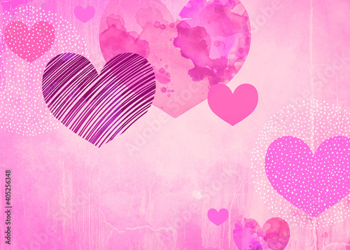 Pink Valentines day background, valentine's day hearts in cute fun card pattern, purple and red heart shapes in modern art watercolor layout, love wedding and anniversary theme decoration or designs