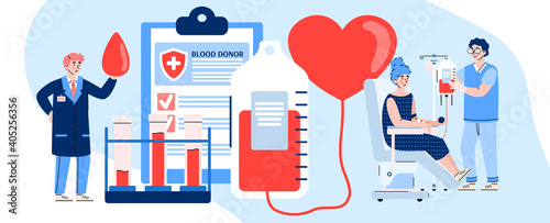 World blood day and donations concept. Donors volunteer sitting in medical chairs and give lifeblood. Awareness about donate blood for save health and life people. Vector banner.