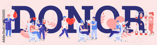 Banner for World Blood Donor Day with people donating blood, flat cartoon vector illustration. Healthcare charity event promotion horizontal banner or poster.