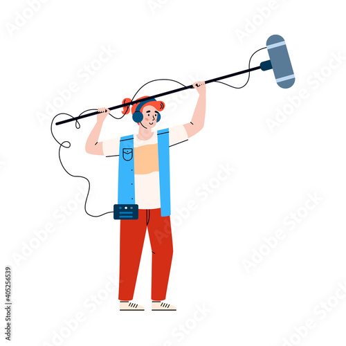 Sound movie technician records sound with microphone, flat cartoon vector illustration isolated on white background. Cinematography industry employee male character.