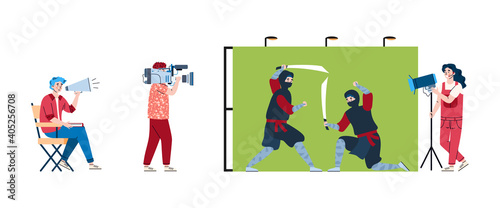 Film making with actors, videographer, lighting engineer and director. Shooting scene battle of ninja. Entertainment movie production in studio. Vector flat isolated illustration