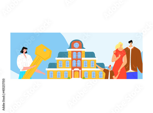 Woman character hold golden key, young lovely family buy apartment, cute father mother and son flat vector illustration, isolated on white. Concept girl real estate agent, sale home place.