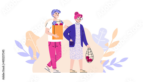 Volunteer accompanies an elderly senior woman for shopping and helping to carry grocery bag, flat cartoon vector illustration isolated on white background.