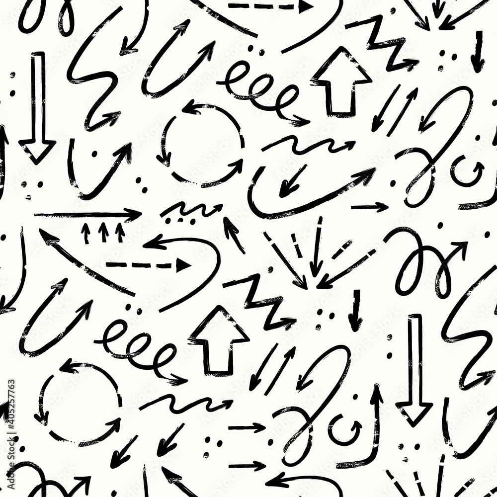 Various Doodle Arrows. Direction pointers. Different shapes. Straight, curly, twisted, dotted and round. Brush stroke style. Grunge texture. Hand drawn Vector Seamless Pattern. Square wallpaper