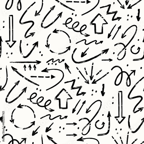 Various Doodle Arrows. Direction pointers. Different shapes. Straight  curly  twisted  dotted and round. Brush stroke style. Grunge texture. Hand drawn Vector Seamless Pattern. Square wallpaper