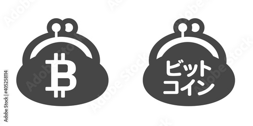 仮想通貨・暗号資産ビットコインのマークとビットコインの文字入りのお財布アイコン - 白バック、BTC・投資・トレード・売買イメージ素材