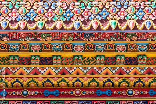 Intricate design patterns of the colorful Tengboche monastery's front gate, Nepal