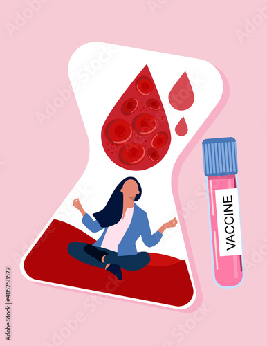 Woman meditates in the hourglass, waiting vaccination in lockdown.Drops of blood with erythrocytes fall from above. Acceptance virus and control of disease.Pneumonia and thrombosis prevention.Immunize